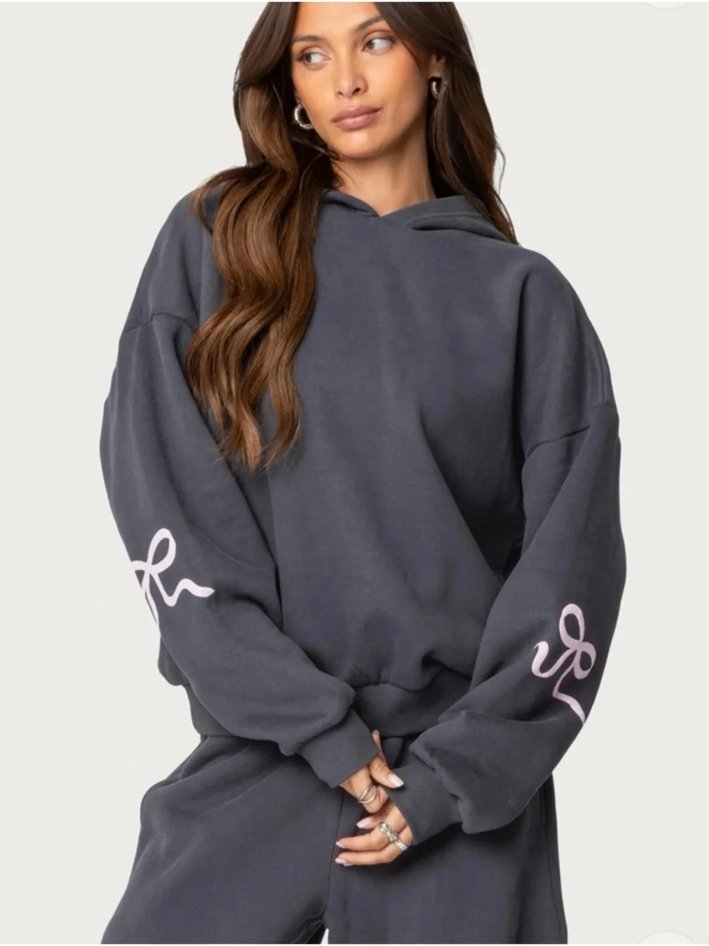 XS Edikted Dark Gray Hoodie Pink Bow Sleeve Oversized - Picture 2 of 7